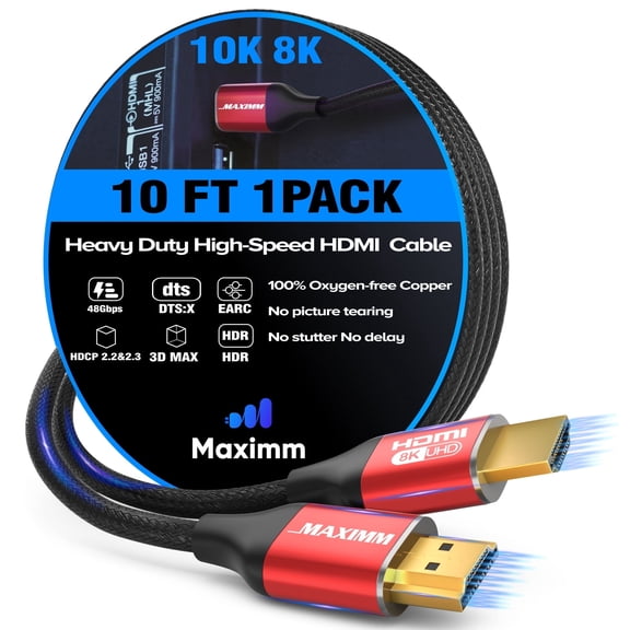 Maximm 8K HDMI 2.1 Cable, 10 feet, Ultra High Speed 48Gbps, Red