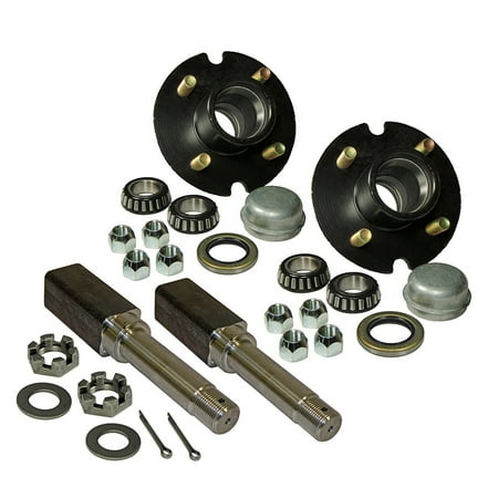 1.438 Inch Shaft - Pair Of 4-Bolt on 4 Inch Trailer Hub Assemblies - Includes (2) Square Shaft 1 Inch Straight Spindles & Bearings
