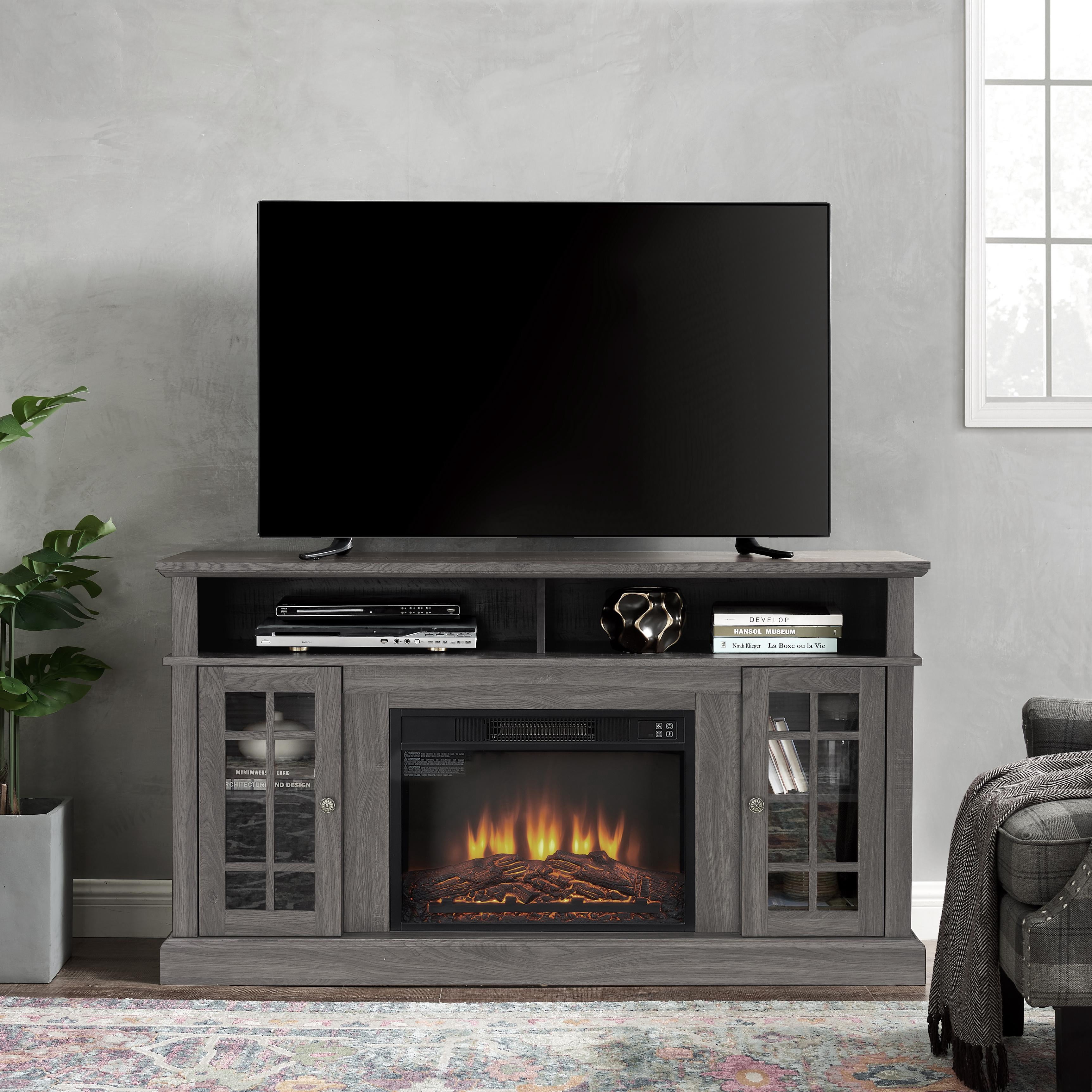 PAPROOS Fireplace TV Stand for 65 Inch TV, Modern Farmhouse TV Cabinet with 23'' Electric Fireplace, Entertainment Center Television Console Table for Living Room, Dark Walnut