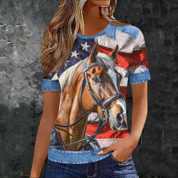 Xdegoge American Flag Tee for Women Collared Short Sleeve Horse Graphic Shirt Novelty Patriotic 4th of July Independence Day Festival Tops