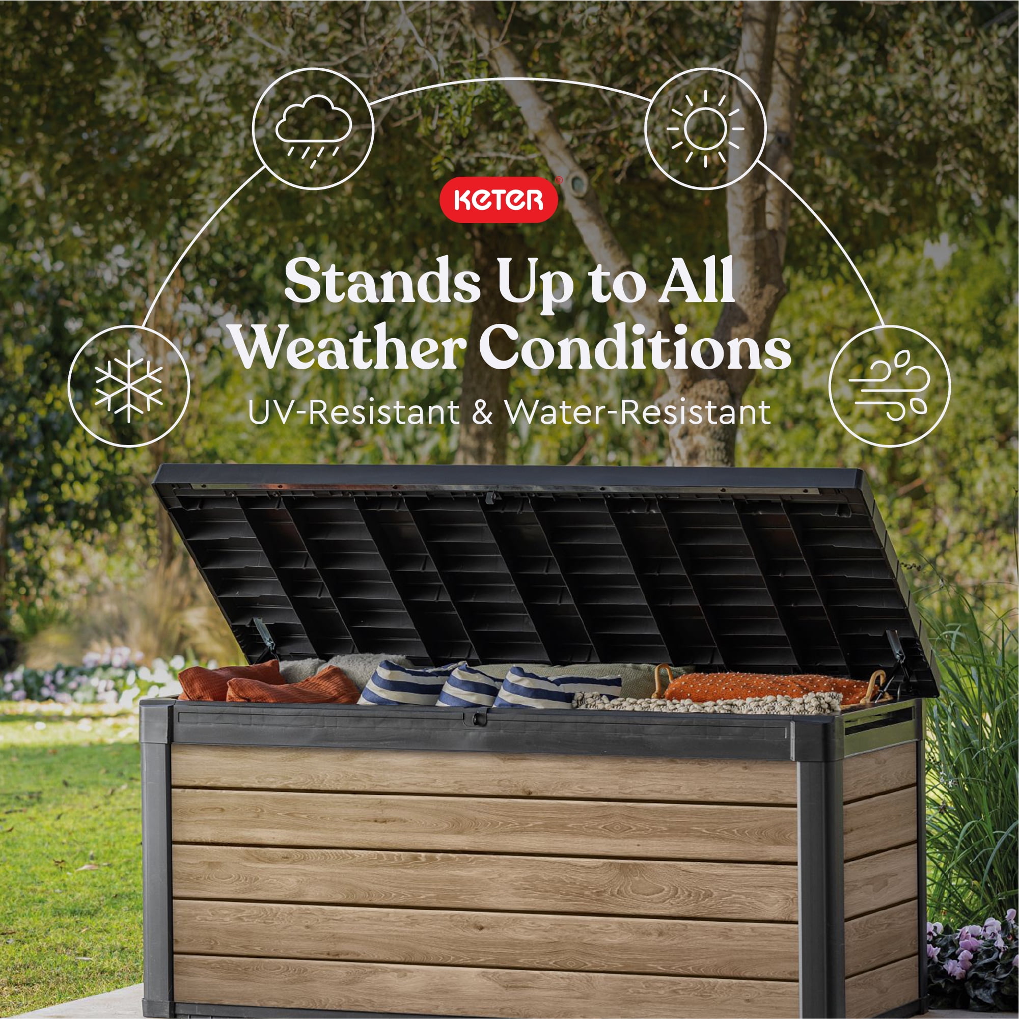 Keter Signature 150 Gallon Durable Weatherproof Resin Deck Box Organization and Storage for Outdoor Patio and Lawn, Ashwood