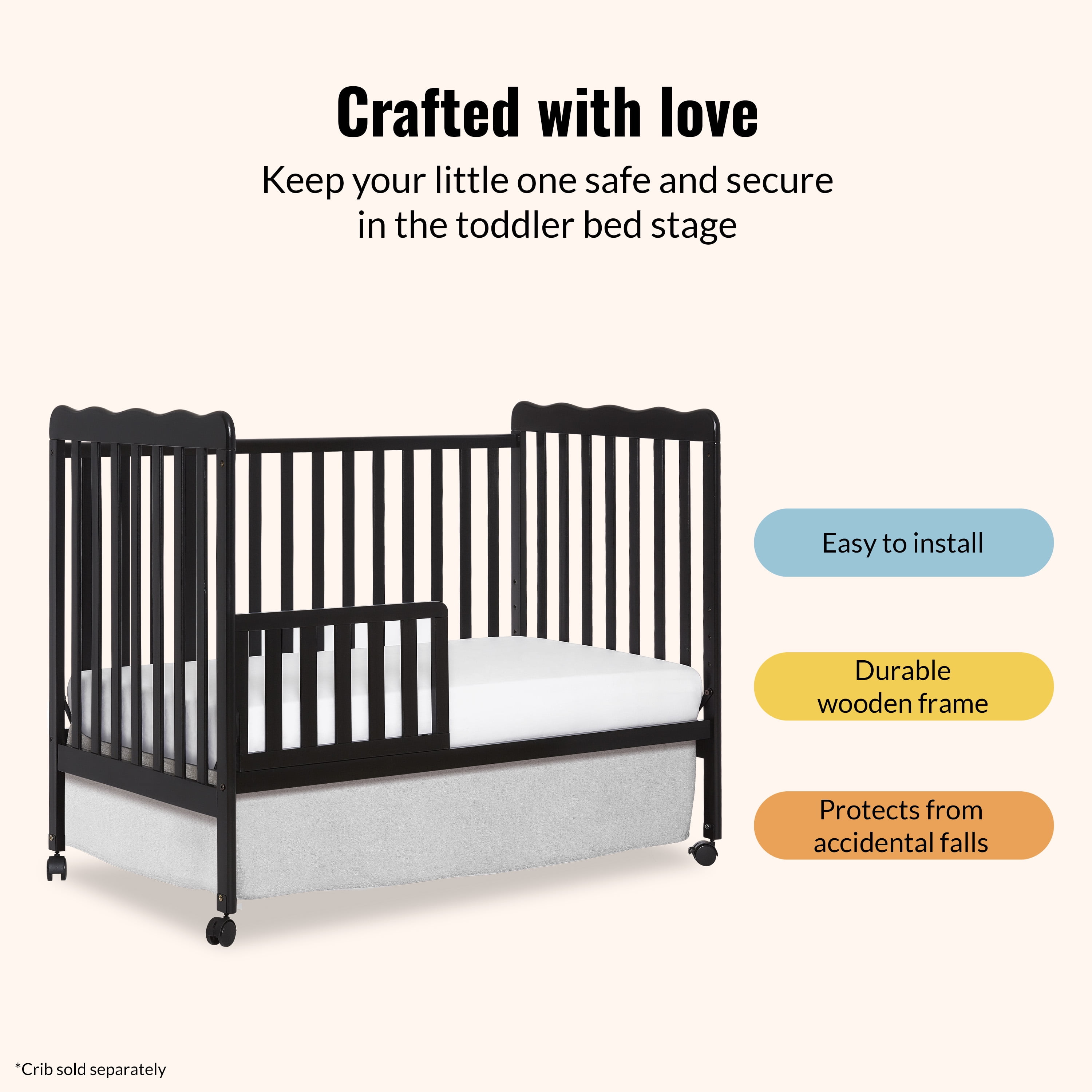 Dream On Me Convertible Crib Toddler Guard Rail in Black, Converts Cribs to Toddler Beds
