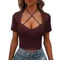 thumbnail image 2 of Top de manga corta para mujer, Top cruzado con cuello Halter fruncido en la parte delantera, Color puro, ajustado, camiseta para mujer, Top para fiesta, compras, viajes, 2 of 6