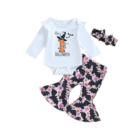 Wassery Baby Girls 3PCS Pants Sets 3M 6M 12M 18M Infant Fall Clothes Long Sleeve Ruffle Letter Print Romper Bat Print Flared Pants Headband Sets