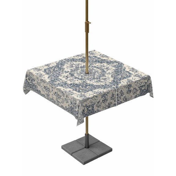 Outdoor Tablecloth with Umbrella Hole and Zipper, Beige Blue Boho Square Table Cloth 60x60 Inch Waterproof Tablecloth, Medieval Vintage Ethnic Floral Abstract Picnic Table Cover for Patio Camping