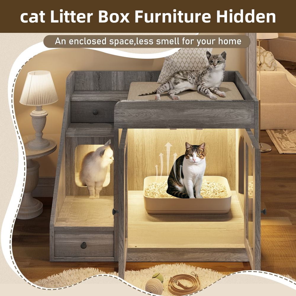 LUMAMIN Cat Litter Box Enclosure with Light, Hidden Litter Box Enclosure Furniture with 2 Drawers, Indoor Cat House Washroom End Table for Cats, Gray