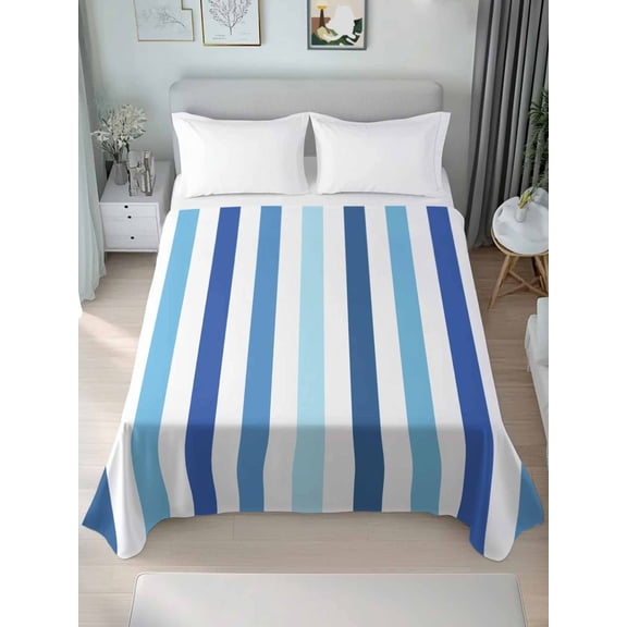 Geometric Stripe Twim XL Size Flat Sheet, Wrinkleproof & Fadeproof Cooling Flat Bed Sheet Only, Ombre Farmhouse Blue Vertical Striped Breathable Soft Bedding Top Sheets 66 x 102 Inches