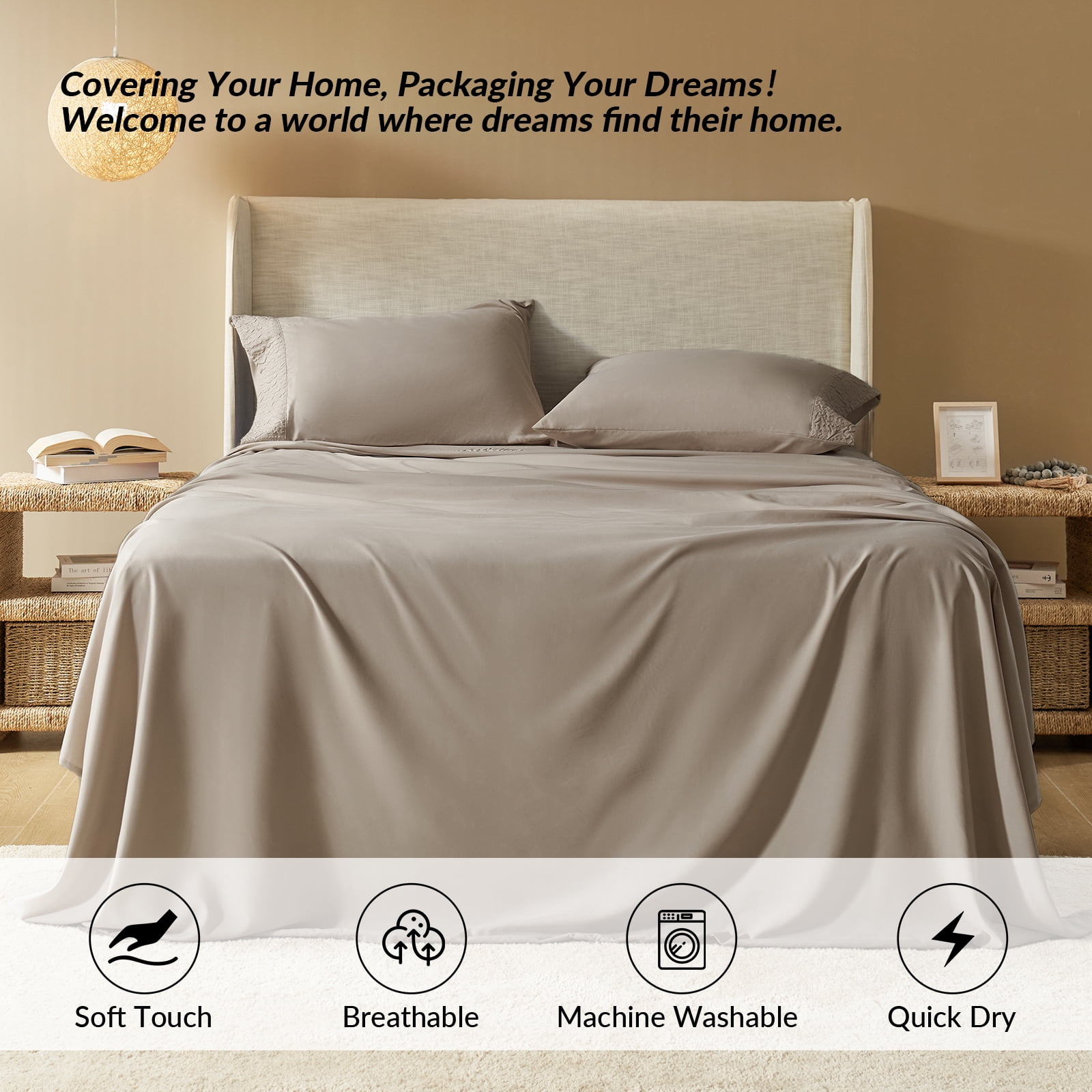 4 Pcs Cooling Bed Sheets Set with 16" Deep Pocket, Luxury Soft Queen Sheets, Ivory