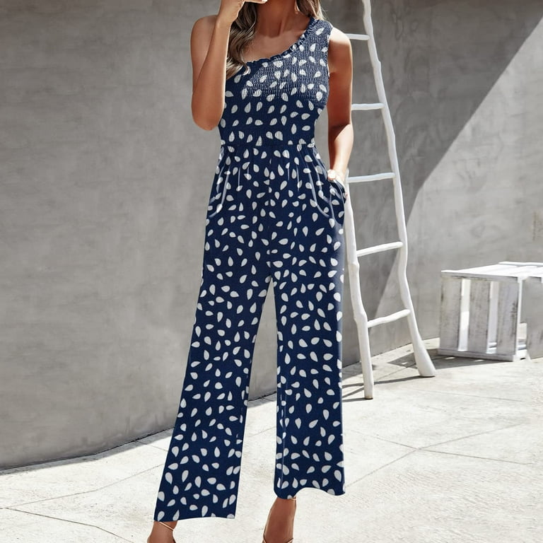 Romper for Women Wide Leg Full Length All in One Jumpsuit One Shoulder Rompers Pleated High Waist Casual Playsuit Sleeveless Plain Summer Jumpsuits Holiday Beach Party Evening Trousers Walmart