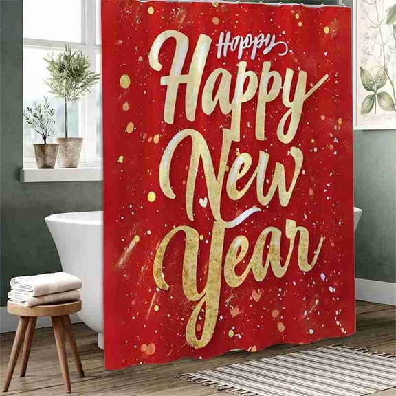 70x70 inch Red and Gold Happy New Year Shower Curtain, Waterproof Polyester Fabric with Hooks for Bathroom Decor