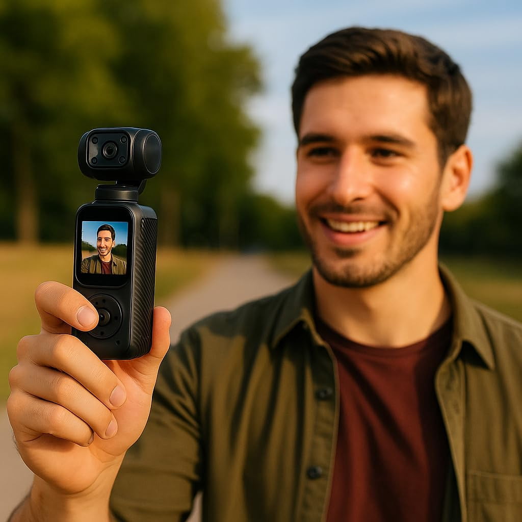 Acuvar 4K Dual Camera Pocket Camera With 3 Axis Gimbal Stabilizer, Vlogging Camera With WiFi, Face Tracking, 270° Rotation And 64GB Card