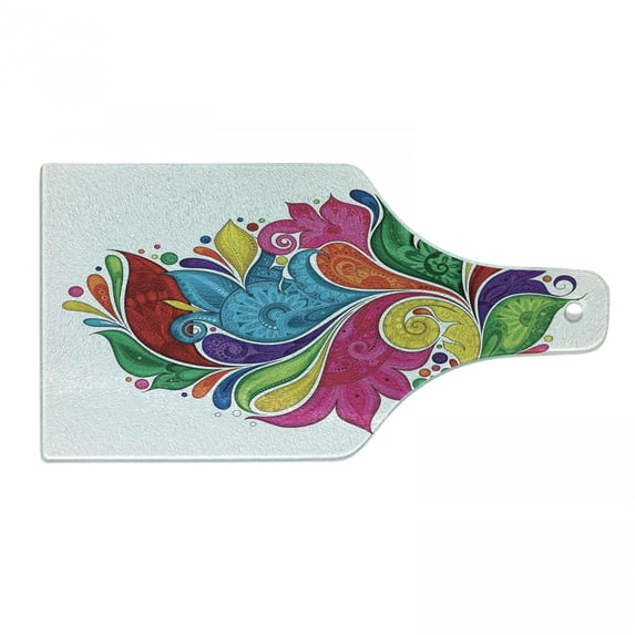 Ethnic Cutting Board, Vibrant Paisley Lily Flower Leaves in Rainbow Colors with Modern Abstract Effects, Tempered Glass Cutting and Serving Board, Wine Bottle Shape, Multicolor, by Ambesonne