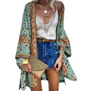DYMADE Women Open Front Boho Kimono Cardigan Coat Floral Beach Cover Up Top Blouses