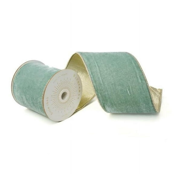 Vickerman QK242330 4 in. x 10 Yards Light Blue Velvet Champagne Trim Wired Ribbon