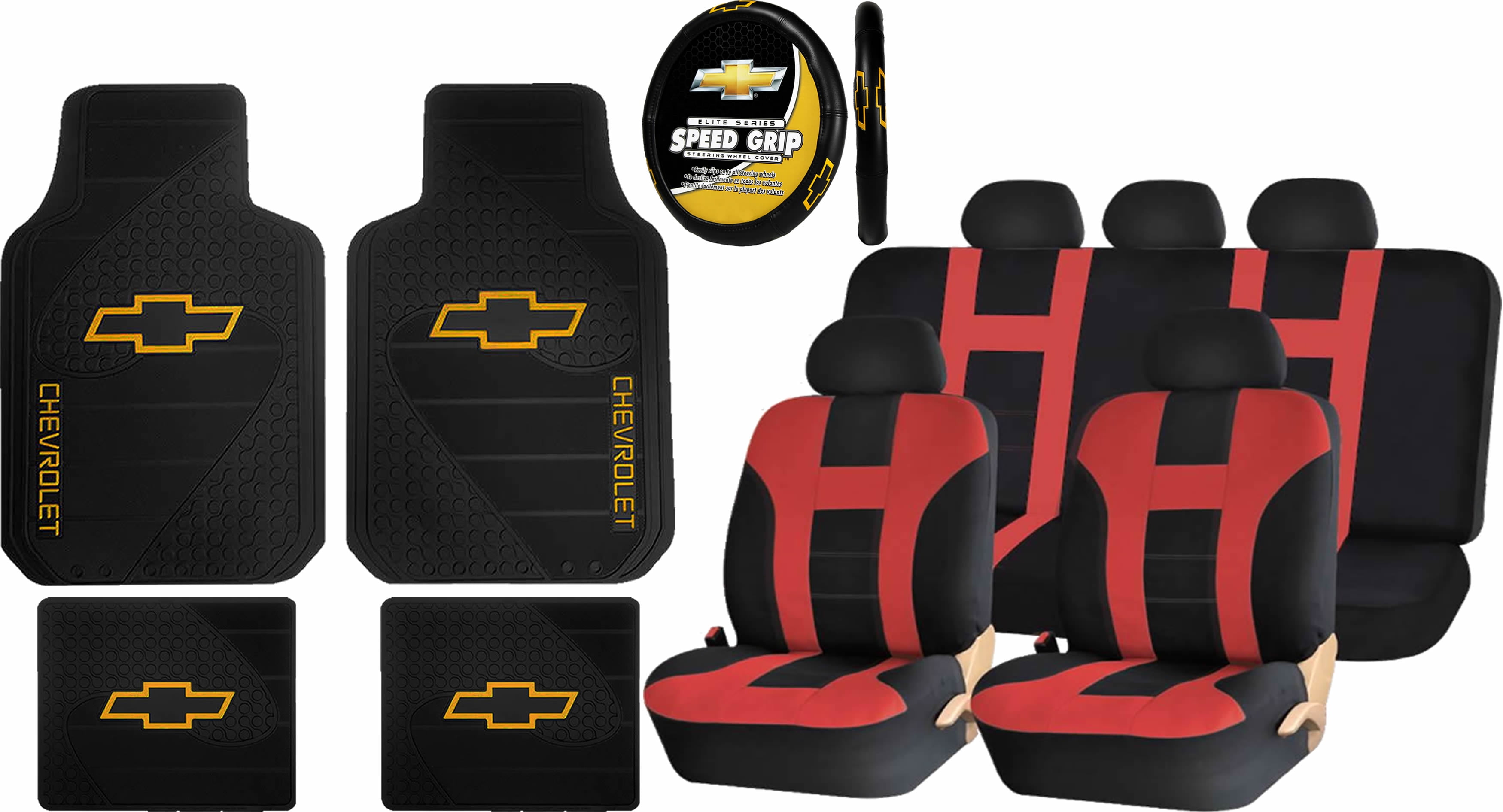 14PC Heavy Duty Rubber Front Rear Floor Mats Steering & Black/Red Seat