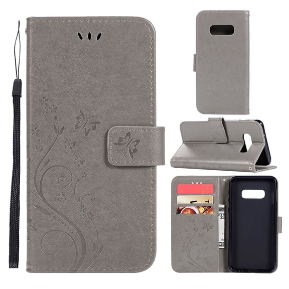 S10e Case, Samsung Galaxy S10e Case - Allytech Premium Wallet PU Leather with Fashion Embossed Flower Magnetic Clasp Card Holders Flip Cover with Hand Strap, Gray