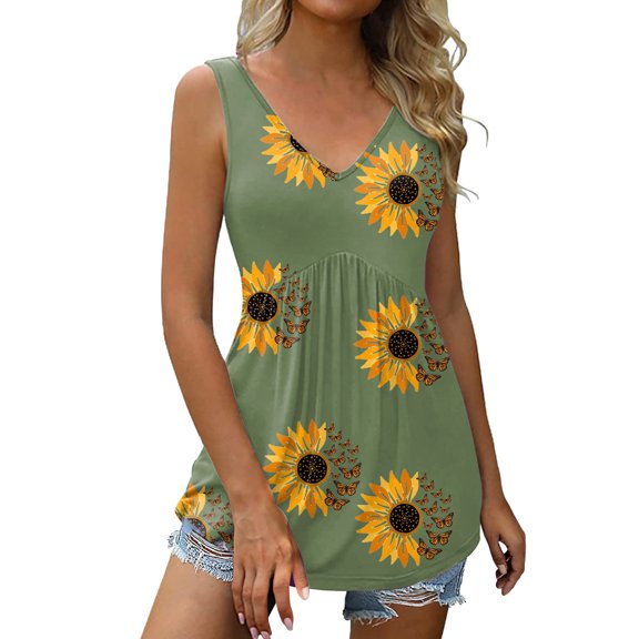 WEIWEN Summer Tank Tops for Women Loose Fit Floral Printed V Neck Workout Tank Top Sleeveless Vest Shirts Fashion Clothing Army Green, L