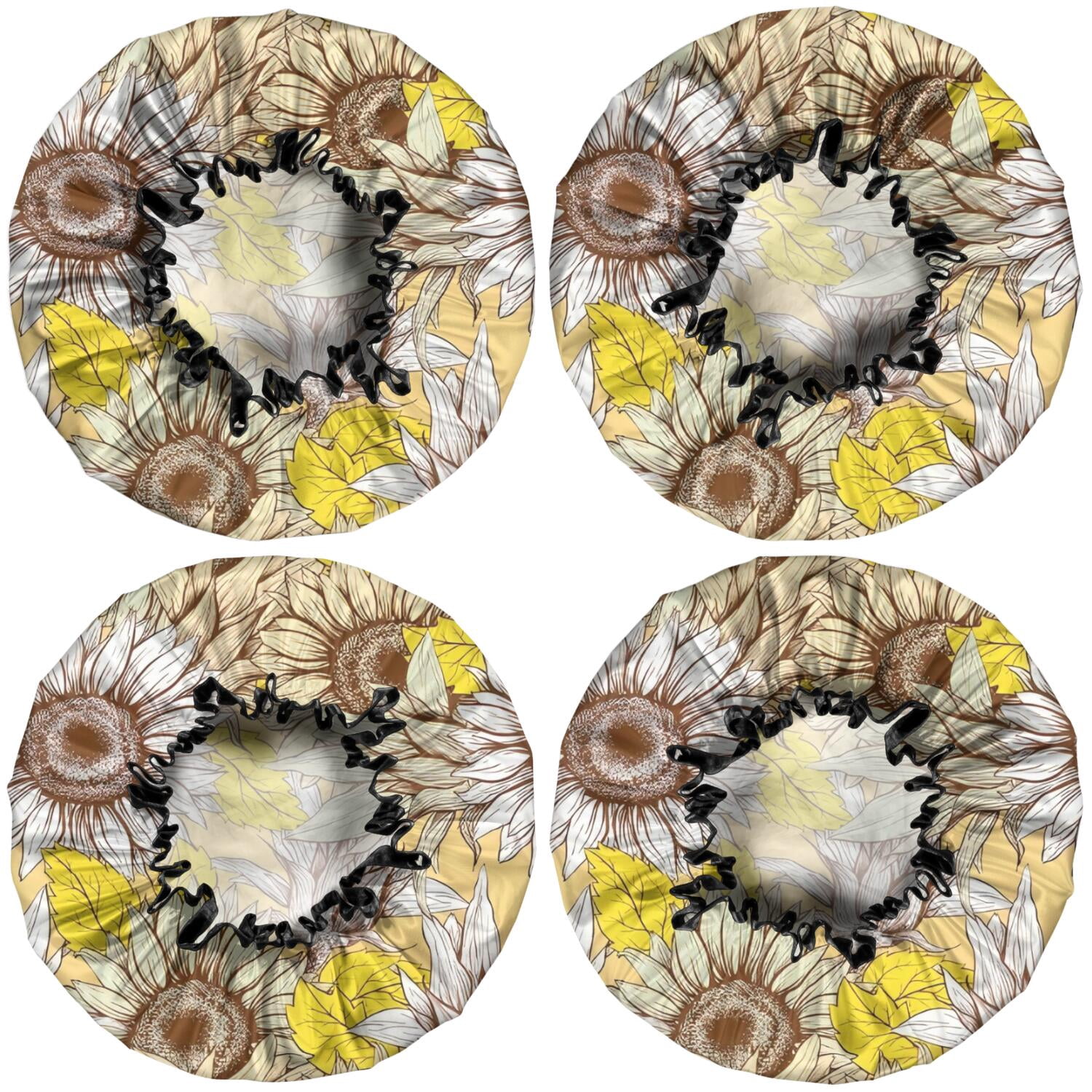 Shower Caps,Yellow Sunflower Bud Leaf Pattern Waterproof Shower Cap for Women 4 Pieces,Double Reusable Hair Cover for Shower PEVA Elastic Stretch Hem