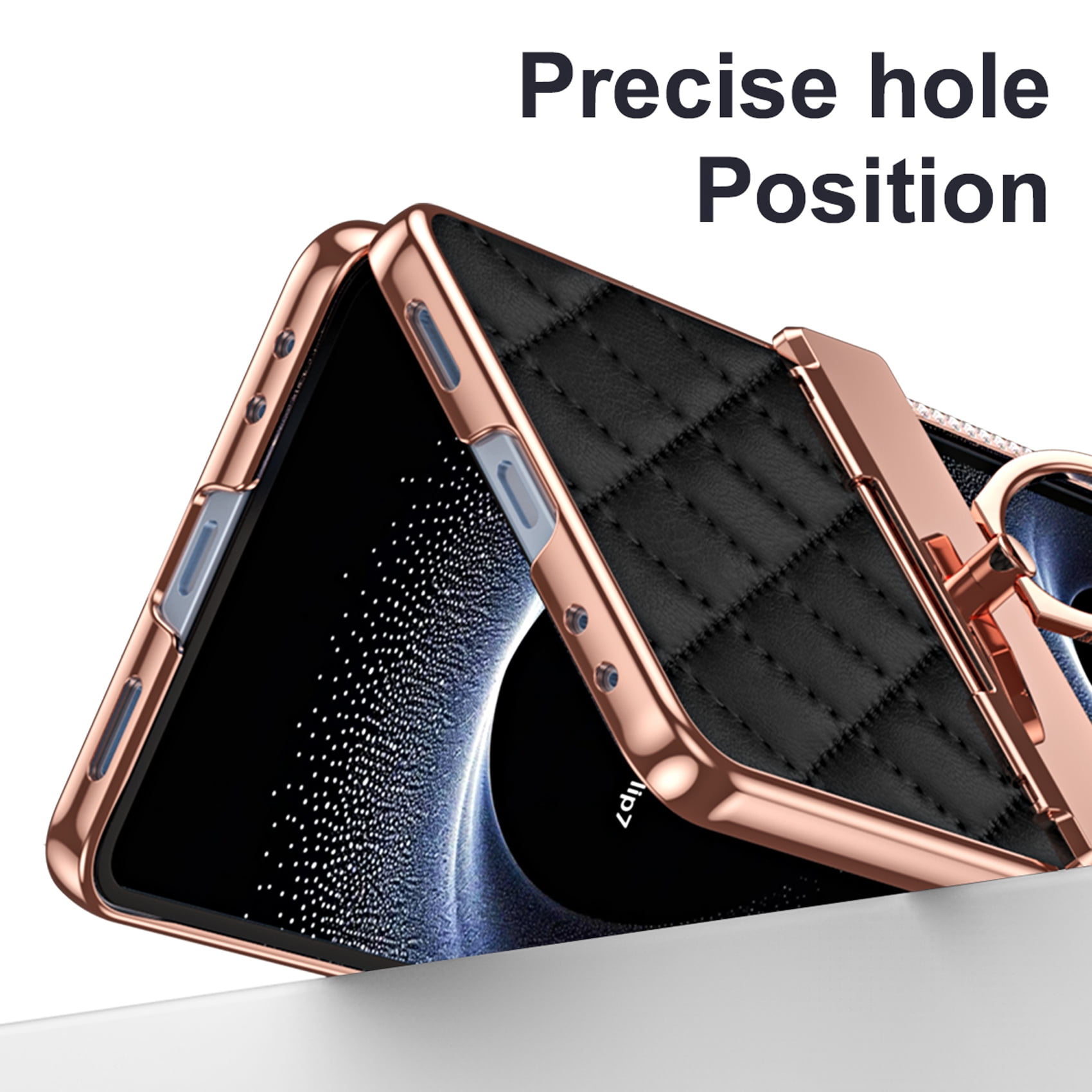 for Samsung Galaxy Z Flip 7 Case Hinge Protection with Finger Ring Holder, Premium PU Leather Hybrid PC All-Inclusive Diamond Bling Phone Case for Samsung Galaxy Z Flip 7 5G, Black