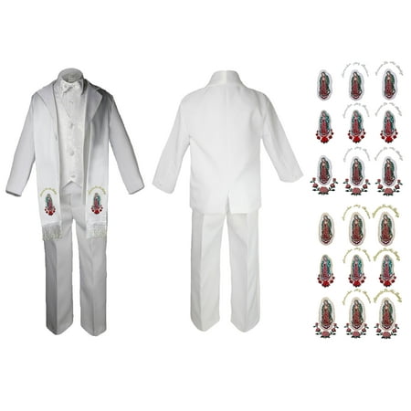 

New Born Baby Boy Teen Christening Baptism Formal White Paisley Suit Silver Gold Maria Guadalupe on Stole SM-20
