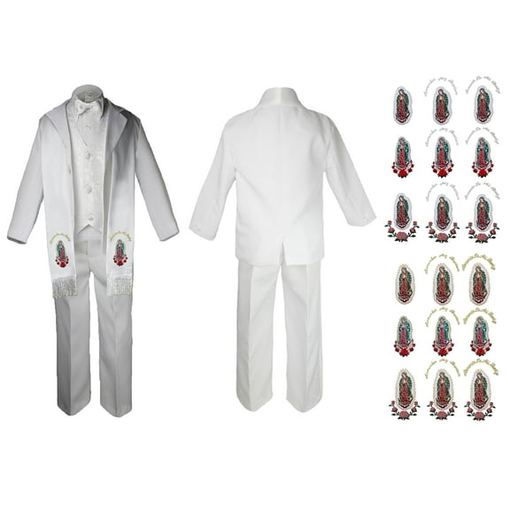 New Born Baby Boy Teen Christening Baptism Formal White Paisley Suit Silver Gold Maria Guadalupe on Stole SM-20