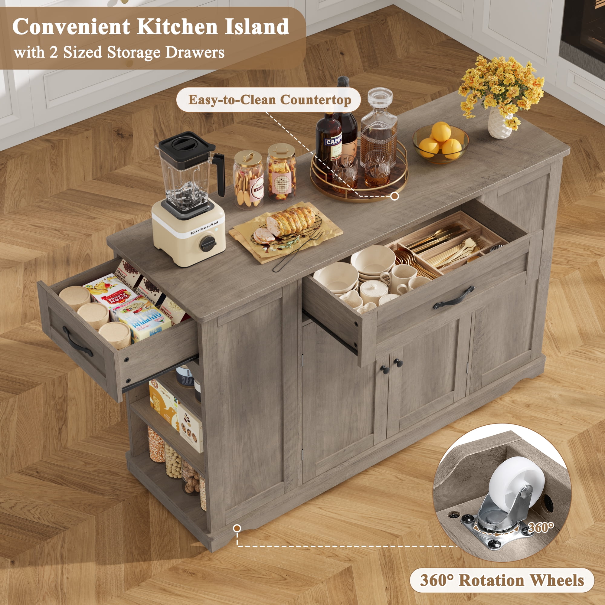 Homfa Kitchen Island with Wheels & Adjustable Shelf, 2 Drawer Farmhouse Buffet Cabinet Sideboard Coffee Bar for Dining Room Living Room, Gray
