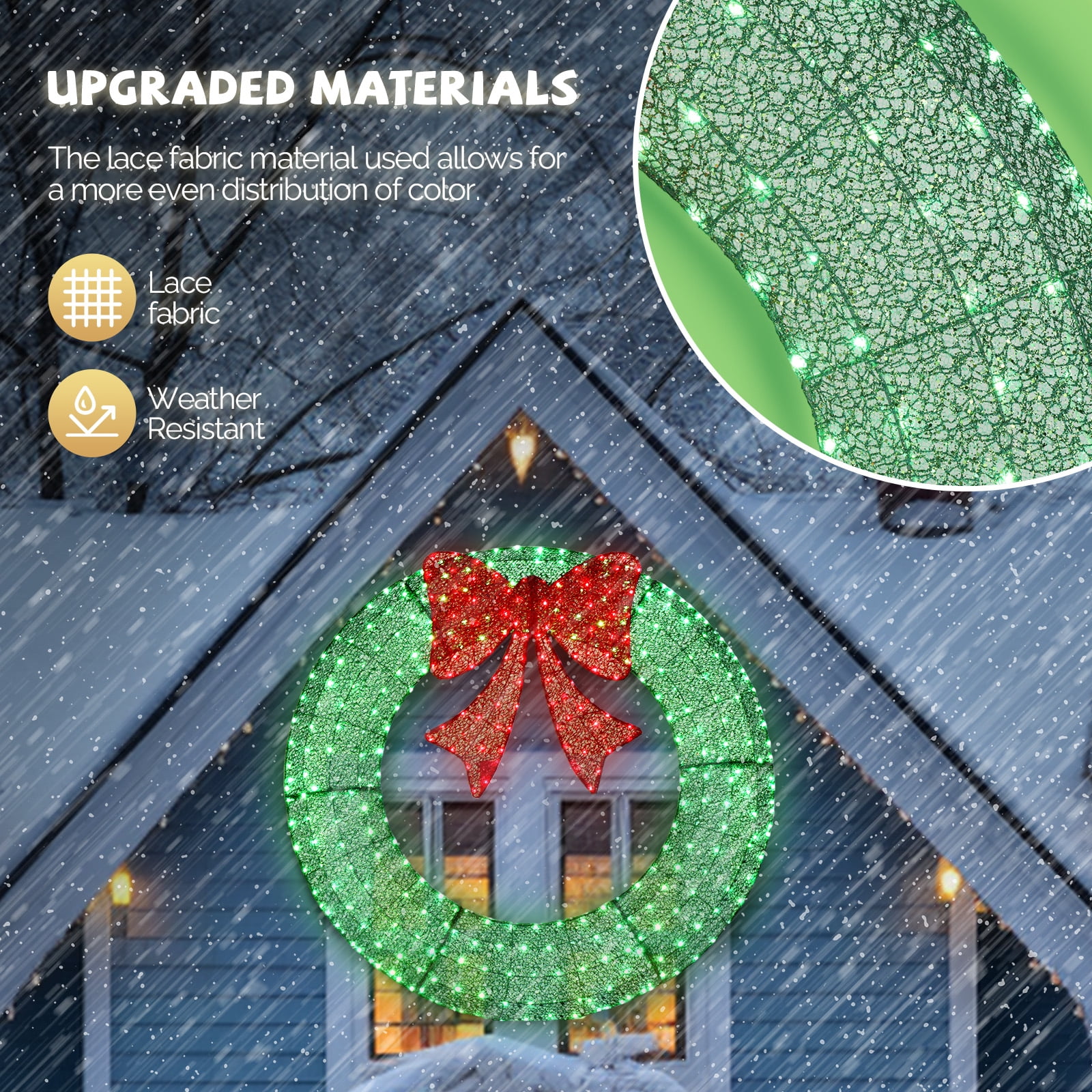 Astoutdoor 60 in Pre-Lit Outdoor Christmas Wreath Decoration with 400 Warm White LED Lights, Red Bow, Green, Metal Frame