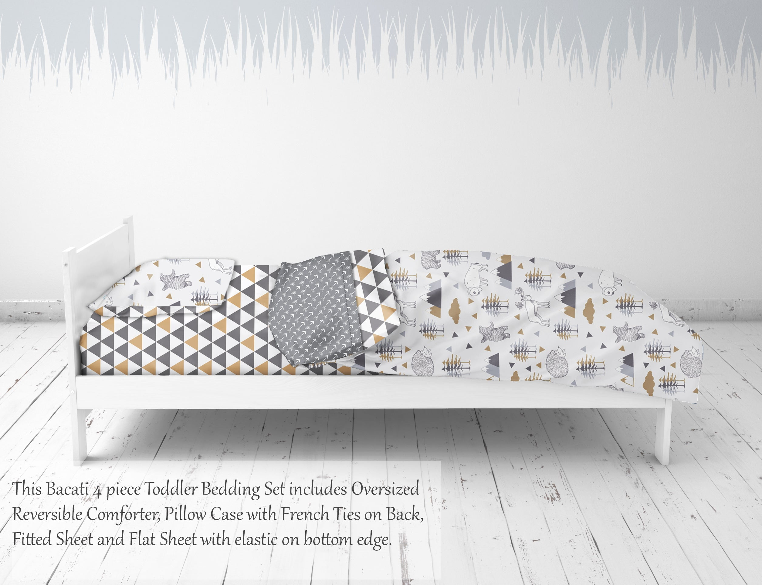 Bacati - Toddler Bedding/Sheet Set 100% Cotton Percale, Woodlands Beige/Grey