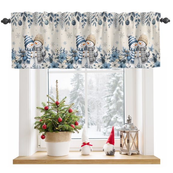 Christmas Snowmans Light Filtering Valance Curtains, Blue White Poinsettia Pine Cones Linen Texture Rod Pocket Short Window Valance for Kitchen Bathroom Windows 1 Panel 42"x12"