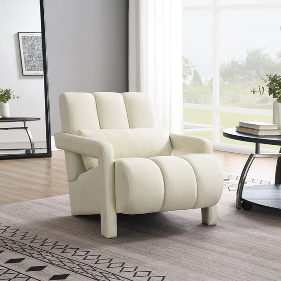Lisonu Modern Upholstered Accent Chair Beige Linen Fabric with Decorative Pillow for Living Room Bedroom Office 34" Wide