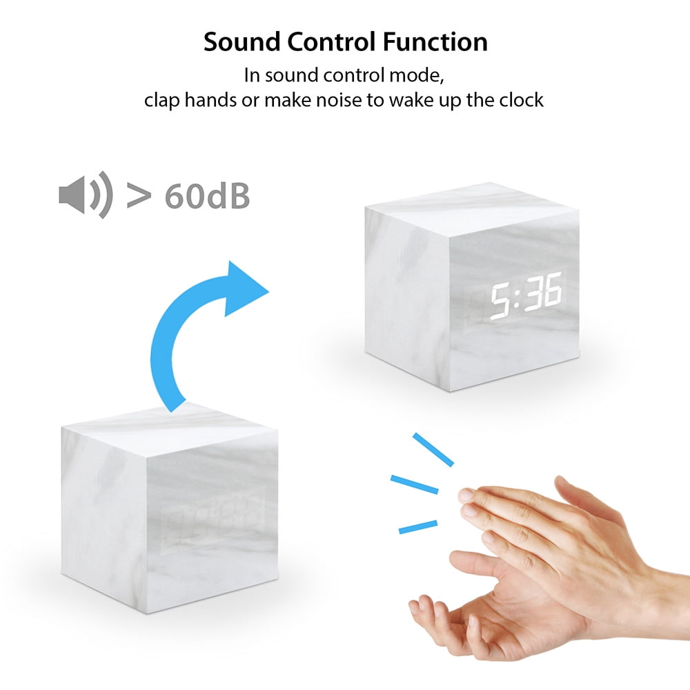 Marble Pattern Alarm Clock Fashion Multi-function LED Desk Alarm Clock with Snooze and USB Power Supply Voice Control Timer Thermometer - White