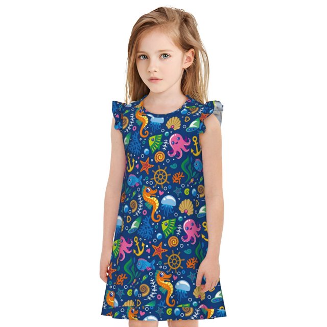Balery Sea Fish Camisón de princesa para niñas, pijama de algodón con mangas abullonadas, suave y bonito.-X-Large