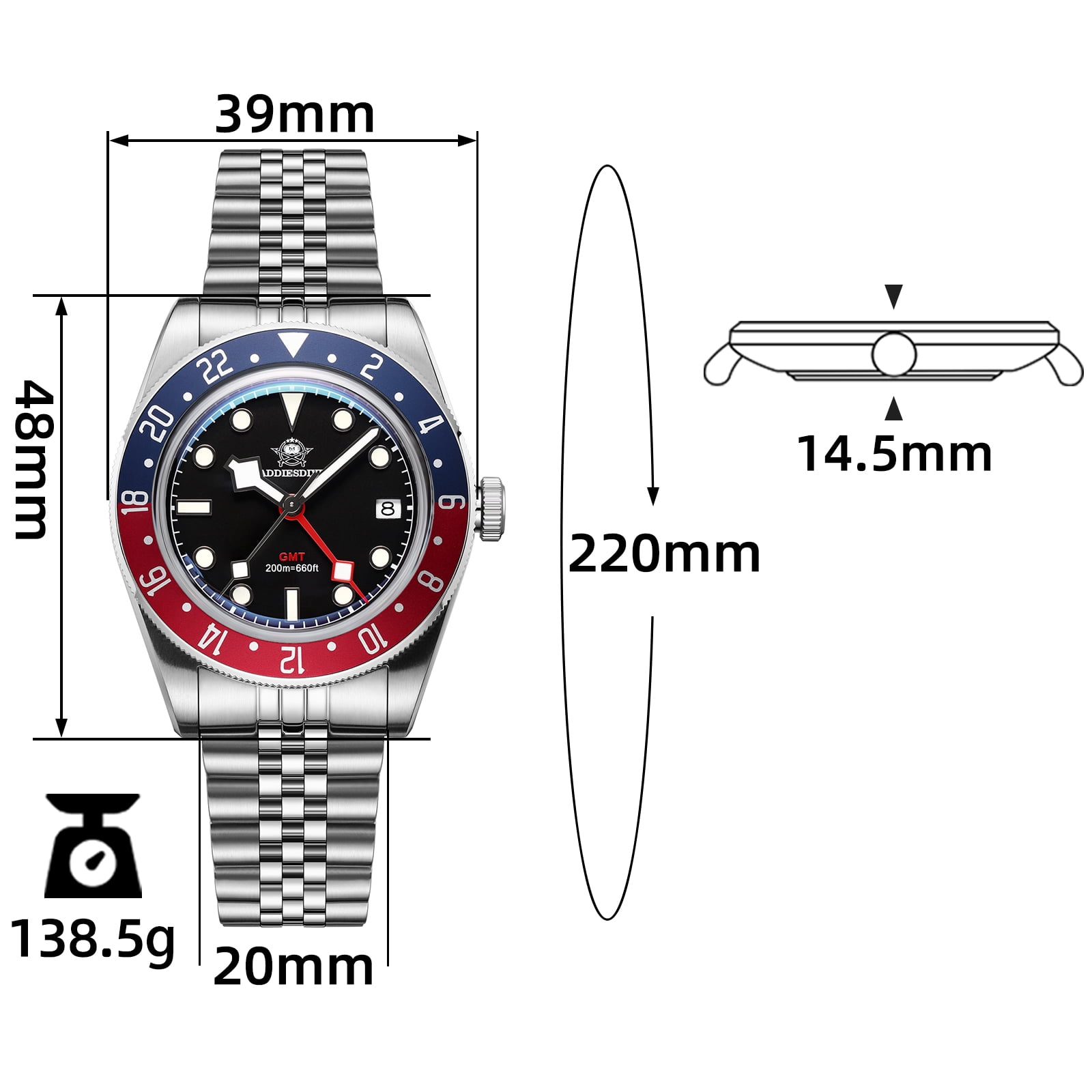 ADDIESDIVE Swiss GMT Watch for Men – 200M Diver’s Waterproof, Quartz Movement Watches,316L Stainless Steel,  BGW9 Super-LumiNova & Unidirectional Bezel