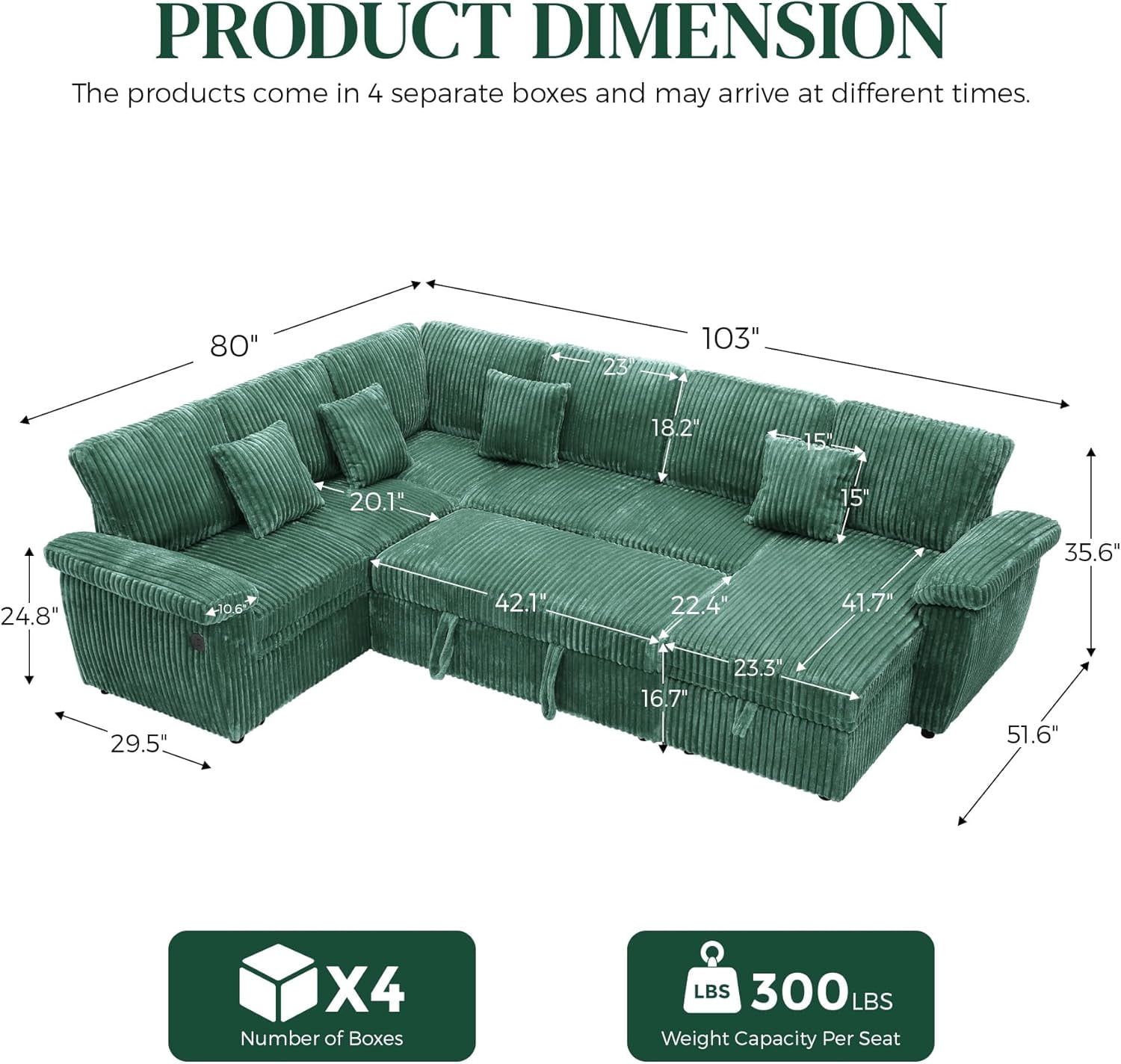 Howcool U-Shaped Sectional Sleeper Sofa with Pull-Out Bed, 7-Seat Convertible Couch, Modular Sofa with Storage Chaise and USB Ports, Plush Corduroy Living Room Furniture,Green(Thick Sponge)