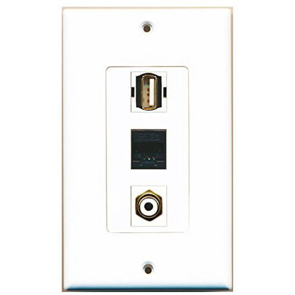 RiteAV - 1 Port RCA White and 1 Port USB A-A and 1 Port Cat5e Ethernet Black Wall Plate Decorative