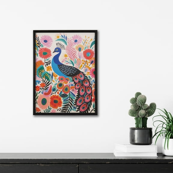 Kate and Laurel Bright Colorful Boho Peacock and Botanicals Framed Wall Art by The Creative Bunch Studio, 12x16 Black, Modern Vibrant Peacock Art for Wall