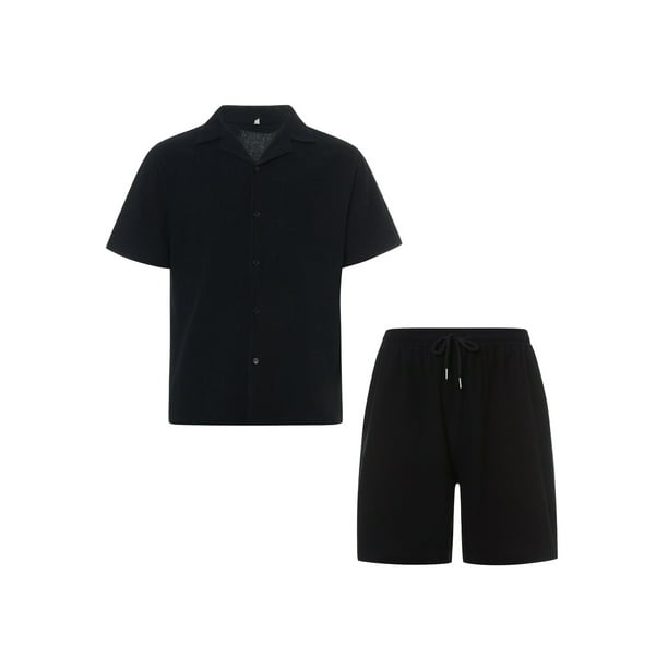 Sunloudy Conjunto de traje de 2 piezas para hombre, camisa de manga corta con cuello vuelto de color sólido + pantalones cortos para el verano Sunloudy S/M/L/XL/XXL