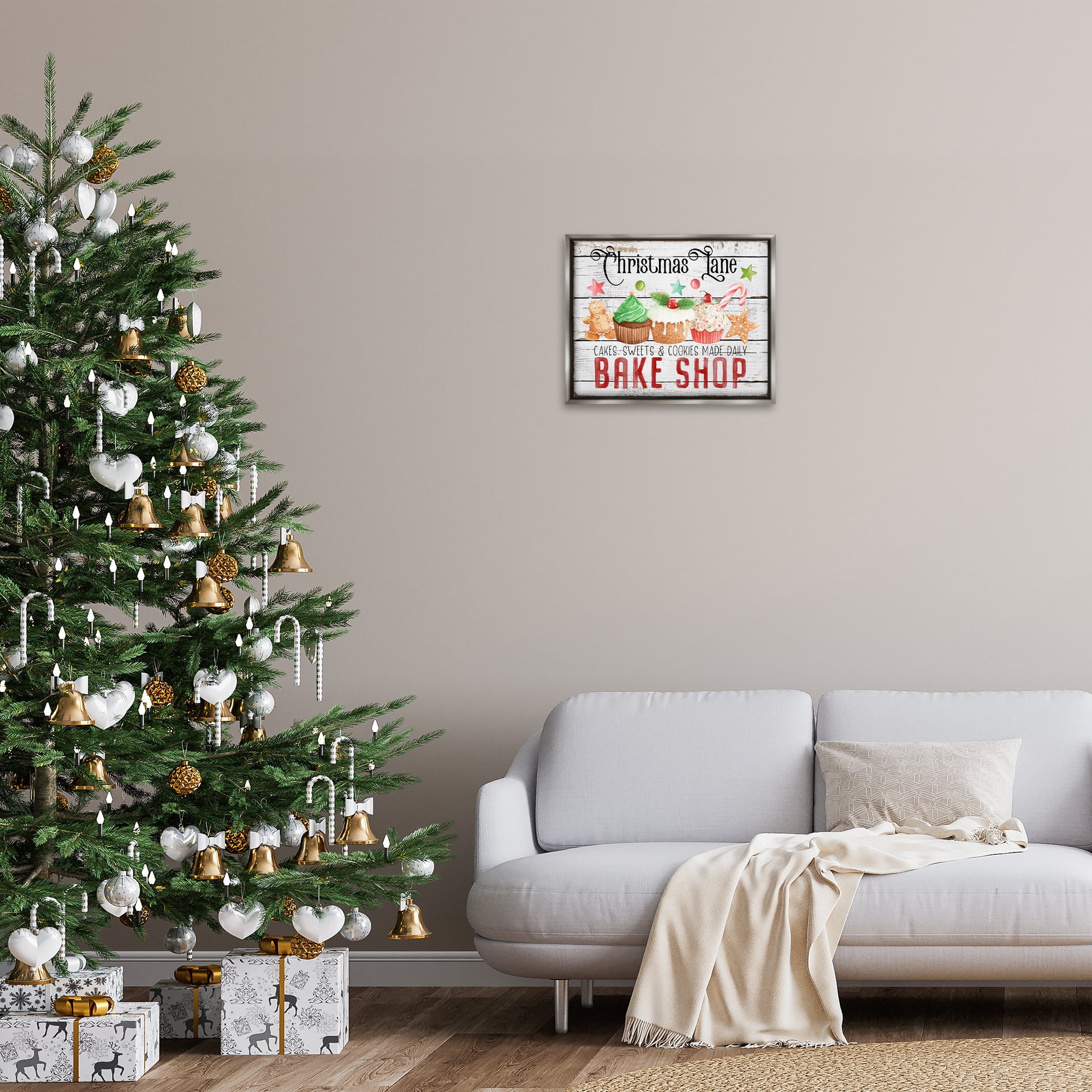 Stupell Industries Christmas Lane Bake Shop Holiday Painting Gray Floater Framed Canvas Art Prints Wall Art, 21 x 17