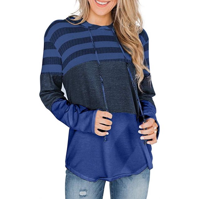 Women Sweatshirts and Hoodies Long Sleeve Drawstring Sweatshirts Color Block Striped Pullover Tops