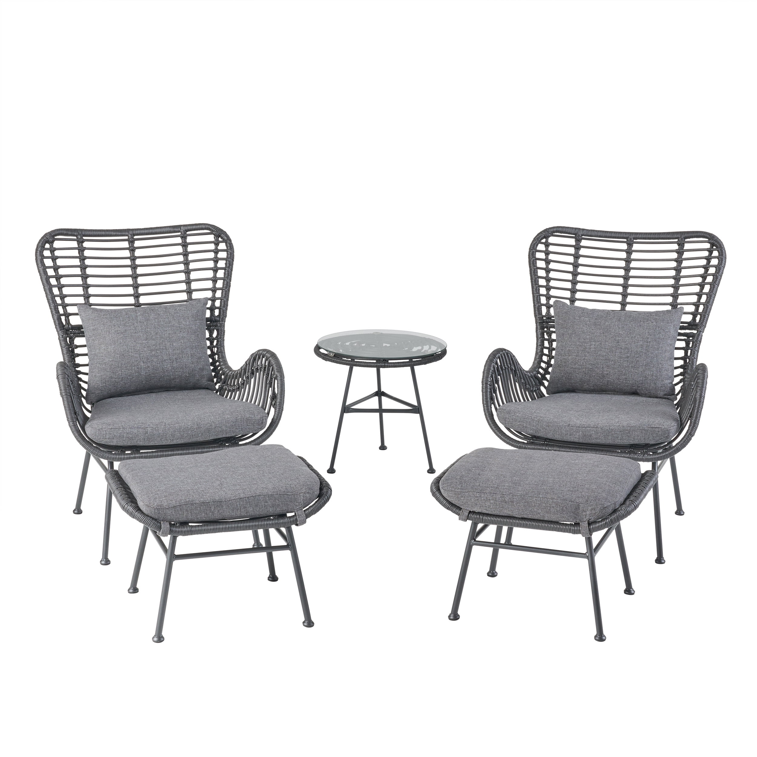 Pooneli Outdoor 5 Piece Wicker Chat Set with Ottomans, Gray and Dark