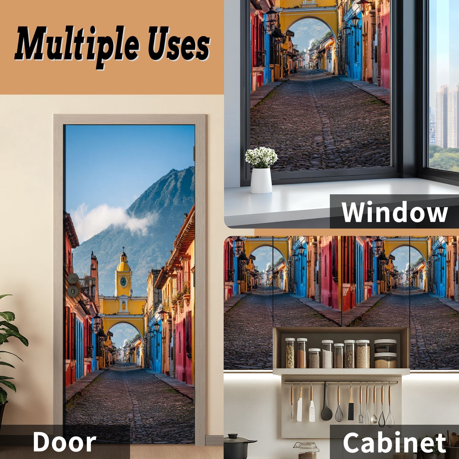 Self Adhesive Vinyl Refrigerator Wrap Set Antigua City Sunrise Door Mural Removable Fridge Sticker Peel and Stick&nbsp;Full Door Cover Decal Kitchen Bar Decor