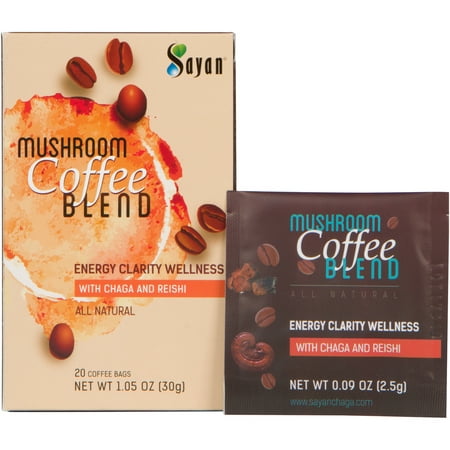 Sayan Mushroom Coffee Blend 20 Packets (0.09oz/2.5g each) 100% Organic Arabica Colombian | Organic Reishi & Siberian Chaga Extract | Powerful Immune Support Antioxidant Drink | Concentration &