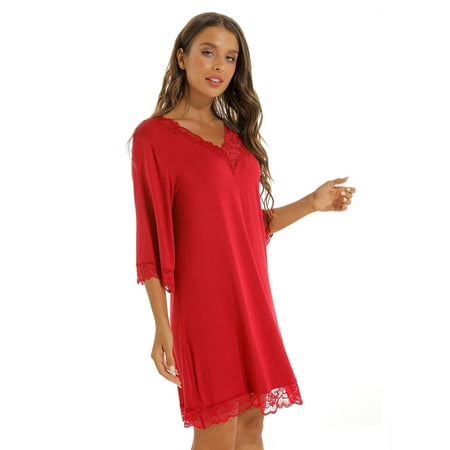 

QWZNDZGR Women s Lace Sexy V-Neck Solid Knitted Cotton Home Funny Nightwear Large Loose Seven-Sleeve Nightwear