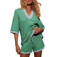 thumbnail image 3 of Womens Sweater Set 2 Piece Outfits Oversized 3/4 Sleeve V Neck Knit Tops High Waisted Shorts Lounge Sets Green M, 3 of 8