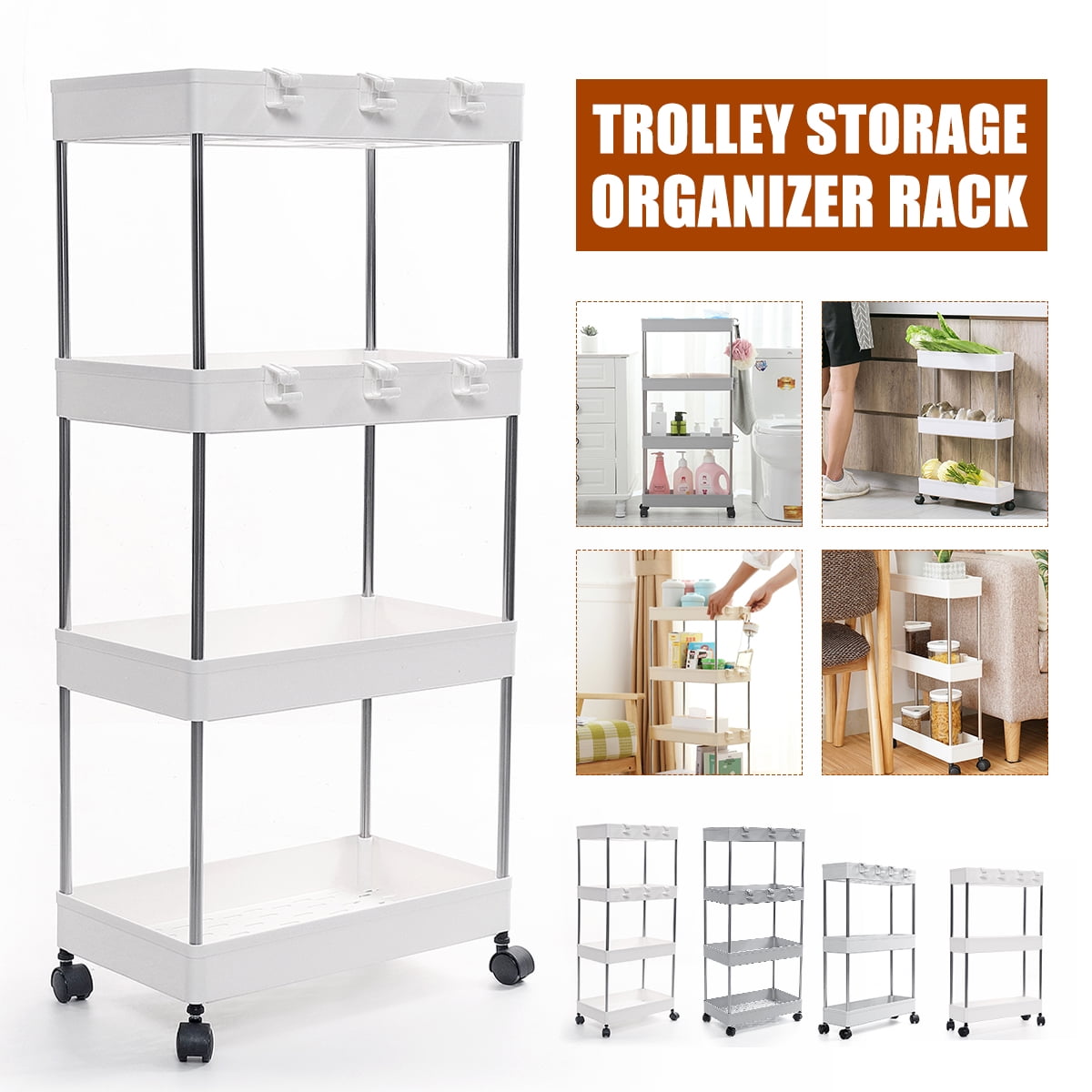 Storage Cart Slim Slide Out 3/4 Tier Storage Tower with Wheels for