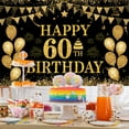 thumbnail image 3 of Pancarta de feliz cumpleaños número 60, decoración para fiesta, saludos a 60 años, fiesta de cumpleaños, telón de fondo negro dorado para 60 (71 x 45 pulgadas), 3 of 5