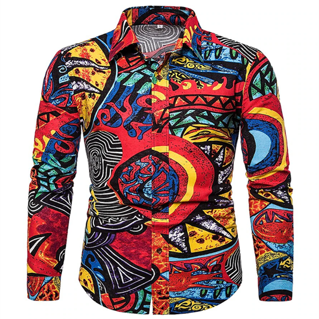 Camisa de manga larga con estampado HD y botones de solapa, estilo retro, tribal, étnico, informal, cómoda y transpirable, para hombre, nueva oferta,