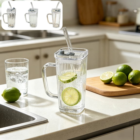 Glass Water Cup With Handle Lid Straw – Clear Glass Coffee Cup, Cold Drink Tumbler, Reusable Beverage Mug, Thick Impact Resistant, Home Office Use