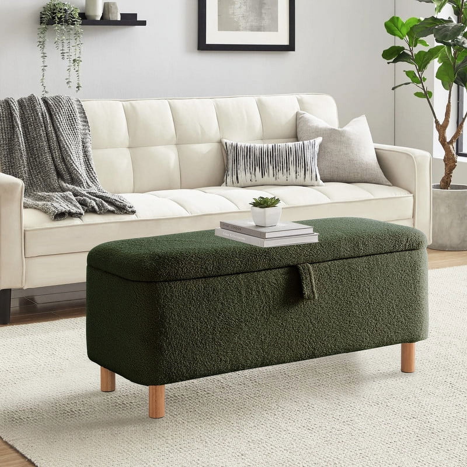 39.5" Boucle Storage Ottoman Bench for Living Room Bedroom Foot Rest End of Bed Wood Leg Green