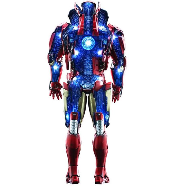 figura hot toys ds004d51 - marvel comics - iron man 3 - iron man mark 4 open armor version coleccionable 1/6 (aprox. 32.5 cm), vista frontal centrada de la figura Mark VII con armadura abierta que revela interior mecánico azul; pintura metálica roja, dorada y plateada; reactor de arco circular iluminado en el pecho y LEDs en cabeza, hombros, brazos y piernas; postura erguida sobre fondo neutro, ideal para diorama de taller o exposición en vitrina.